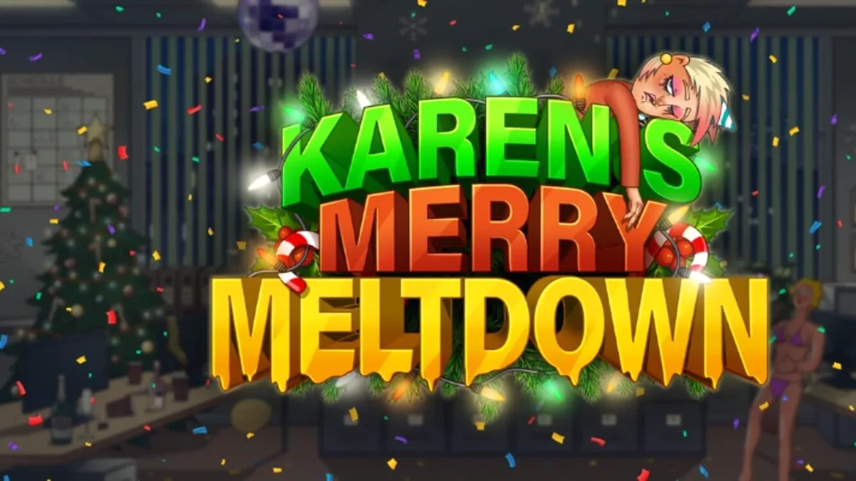 Interface do slot Karen’s Merry Meltdown com tema de festa de escritório de Natal