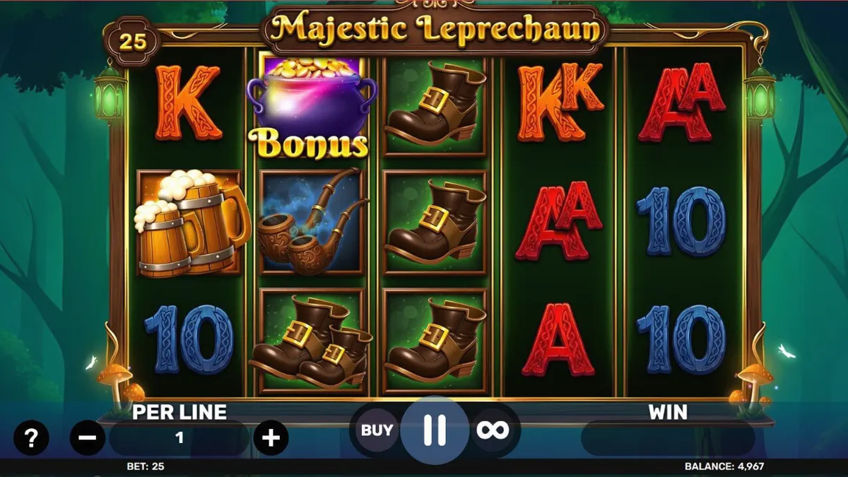 Cenário verdejante e mágico do slot Majestic Leprechaun com elementos da cultura irlandesa