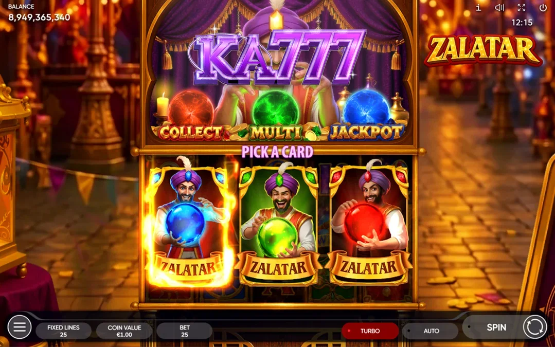 Interface mística do slot Zalatar com orbes coloridos e símbolos de fortuna